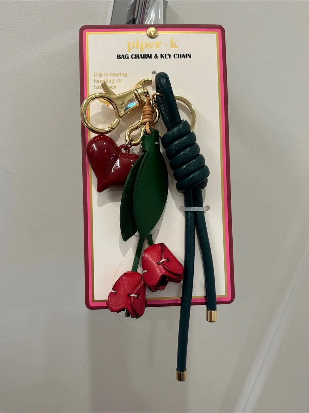 NWT Piper K Faux Leather Roses and heart Key Charm in Red & Green